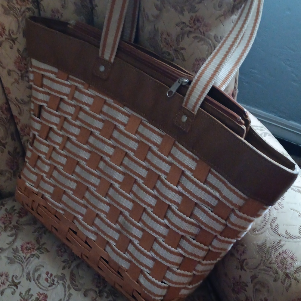 Large Brown and Tan Woven Tote Bag
